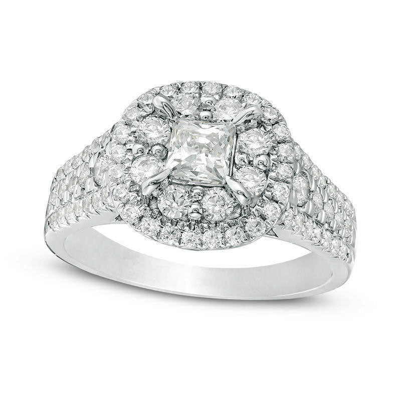 1.5 CT. T.W. Princess-Cut Natural Diamond Frame Multi-Row Antique Vintage-Style Engagement Ring in Solid 14K White Gold