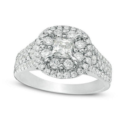 1.5 CT. T.W. Princess-Cut Natural Diamond Frame Multi-Row Antique Vintage-Style Engagement Ring in Solid 14K White Gold