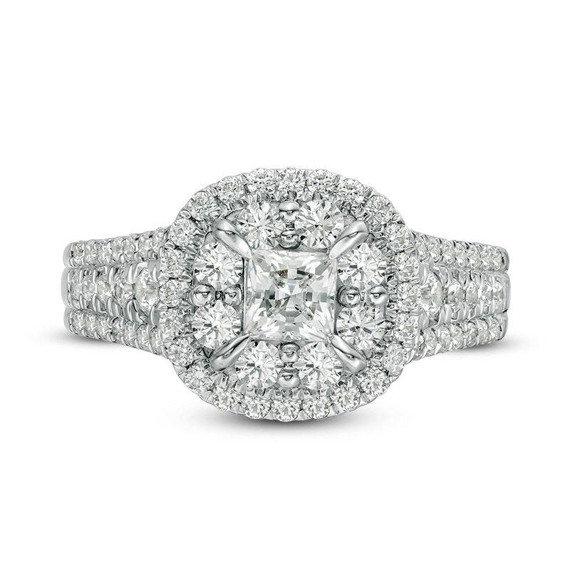1.5 CT. T.W. Princess-Cut Natural Diamond Frame Multi-Row Antique Vintage-Style Engagement Ring in Solid 14K White Gold