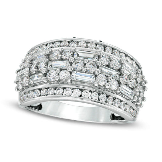 2.0 CT. T.W. Baguette and Round Natural Diamond Alternating Multi-Row Ring in Solid 10K White Gold