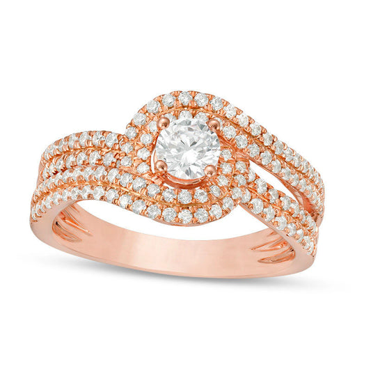 1.0 CT. T.W. Natural Diamond Swirl Bypass Frame Multi-Row Engagement Ring in Solid 14K Rose Gold