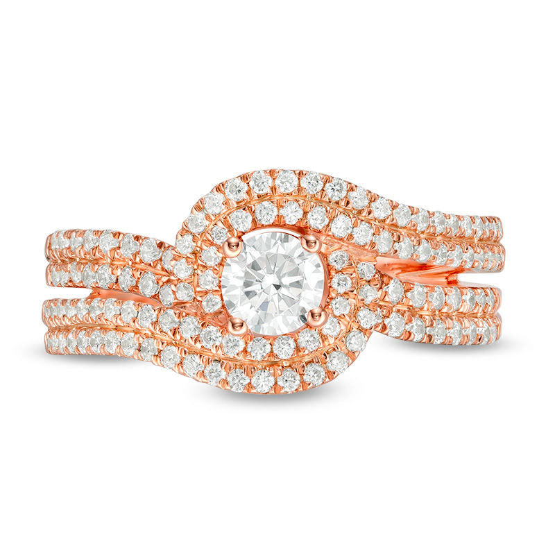 1.0 CT. T.W. Natural Diamond Swirl Bypass Frame Multi-Row Engagement Ring in Solid 14K Rose Gold