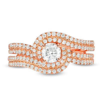1.0 CT. T.W. Natural Diamond Swirl Bypass Frame Multi-Row Engagement Ring in Solid 14K Rose Gold