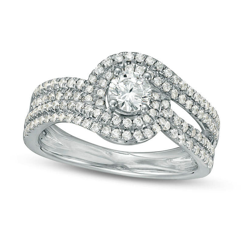 1.0 CT. T.W. Natural Diamond Swirl Bypass Frame Multi-Row Engagement Ring in Solid 14K White Gold