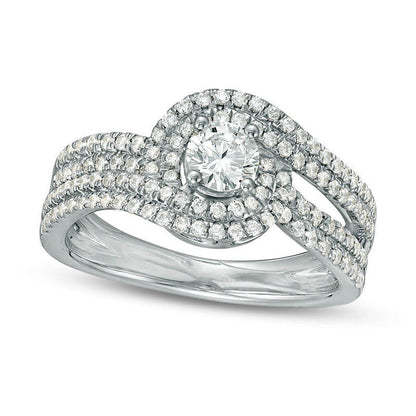 1.0 CT. T.W. Natural Diamond Swirl Bypass Frame Multi-Row Engagement Ring in Solid 14K White Gold