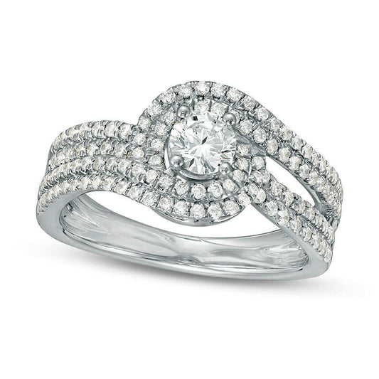 1.0 CT. T.W. Natural Diamond Swirl Bypass Frame Multi-Row Engagement Ring in Solid 14K White Gold