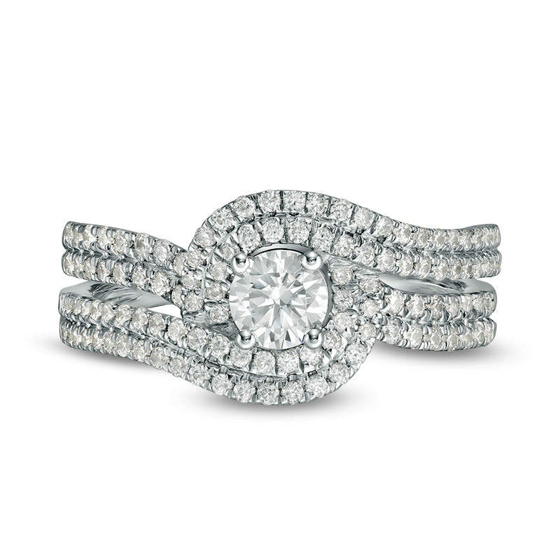 1.0 CT. T.W. Natural Diamond Swirl Bypass Frame Multi-Row Engagement Ring in Solid 14K White Gold
