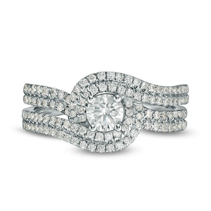 1.0 CT. T.W. Natural Diamond Swirl Bypass Frame Multi-Row Engagement Ring in Solid 14K White Gold