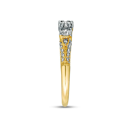 0.75 CT. T.W. Natural Diamond Three Stone V-Sides Antique Vintage-Style Engagement Ring in Solid 10K Yellow Gold