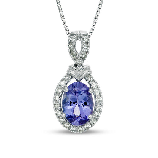 Oval Tanzanite and 0.13 CT. T.W. Natural Diamond Frame with Double Chevron Accent Drop Pendant in 10K White Gold