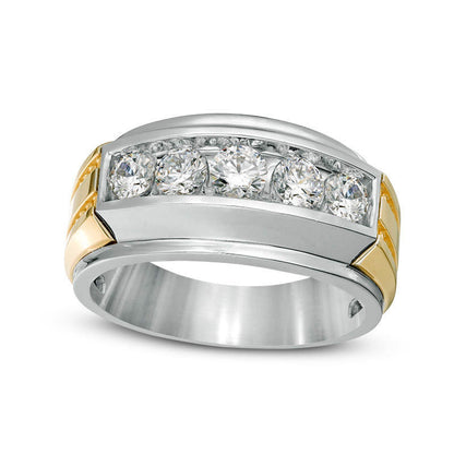 Men's 1.0 CT. T.W. Natural Diamond Five Stone Ridged Wedding Band in Solid 14K Two-Tone Gold