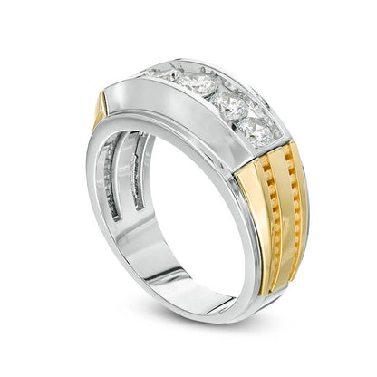 Men's 1.0 CT. T.W. Natural Diamond Five Stone Ridged Wedding Band in Solid 14K Two-Tone Gold