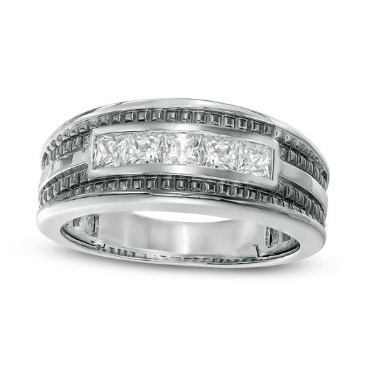 Men's 1.0 CT. T.W. Square-Cut Natural Diamond Five Stone Wedding Band in Solid 14K White Gold with Black Rhodium