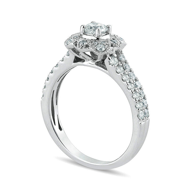 1.0 CT. T.W. Natural Diamond Flower Antique Vintage-Style Engagement Ring in Solid 14K White Gold