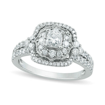 1.25 CT. T.W. Princess-Cut Natural Diamond Ornate Cushion Frame Antique Vintage-Style Engagement Ring in Solid 14K White Gold