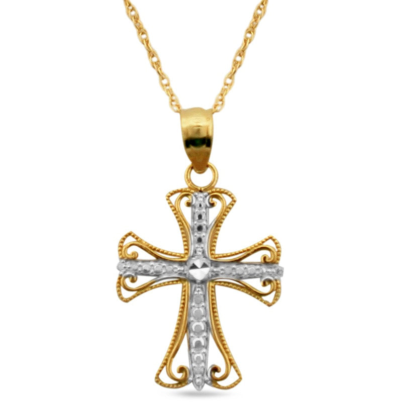 Natural Diamond-Cut Beaded Cross Pendant in 10K Two-Tone Gold