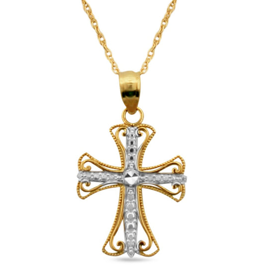 Natural Diamond-Cut Beaded Cross Pendant in 10K Two-Tone Gold