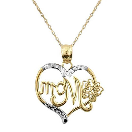 Natural Diamond-Cut "MOM" with Butterfly Heart Pendant in 10K Two-Tone Gold