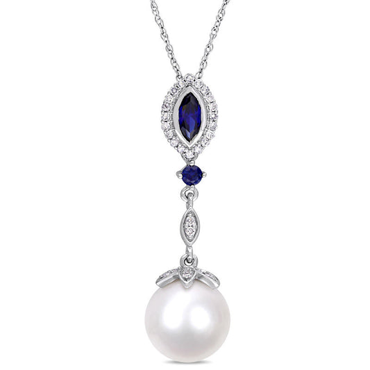 Cultured Freshwater Pearl, Lab-Created Blue Sapphire and 0.13 CT. T.W. Diamond Drop Pendant in 10K White Gold - 17"
