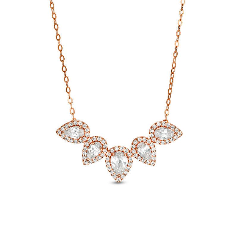 Pear-Shaped Lab-Created White Sapphire Five Stone Frame Necklace in 10K Rose Gold - 16.5"