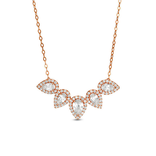 Pear-Shaped Lab-Created White Sapphire Five Stone Frame Necklace in 10K Rose Gold - 16.5"