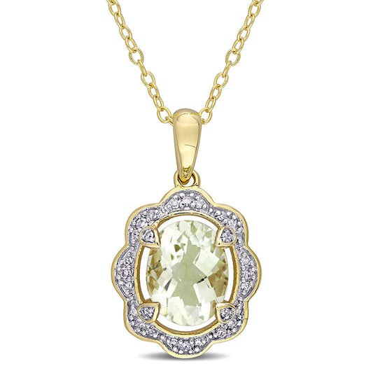 Oval Green Quartz and 0.1 CT. T.W. Natural Diamond Scallop Frame Pendant in Sterling Silver with Yellow Rhodium