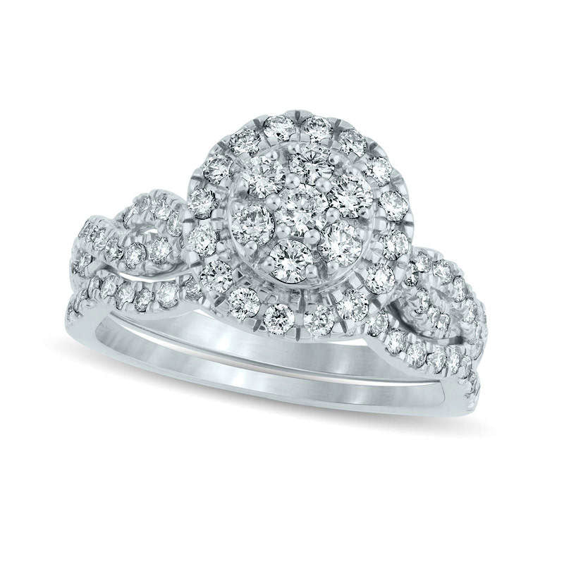 1.0 CT. T.W. Composite Natural Diamond Frame Twist Bridal Engagement Ring Set in Solid 14K White Gold