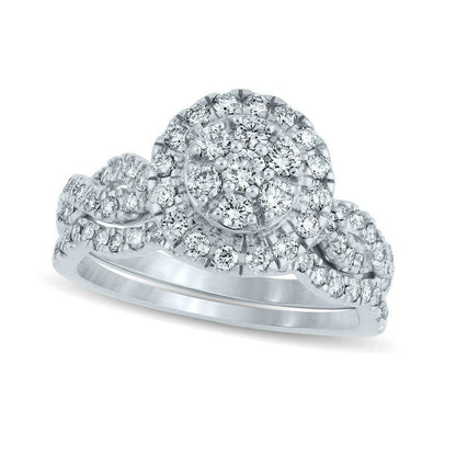 1.0 CT. T.W. Composite Natural Diamond Frame Twist Bridal Engagement Ring Set in Solid 14K White Gold