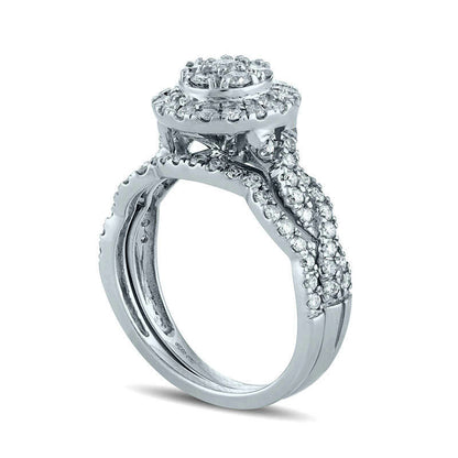 1.0 CT. T.W. Composite Natural Diamond Frame Twist Bridal Engagement Ring Set in Solid 14K White Gold