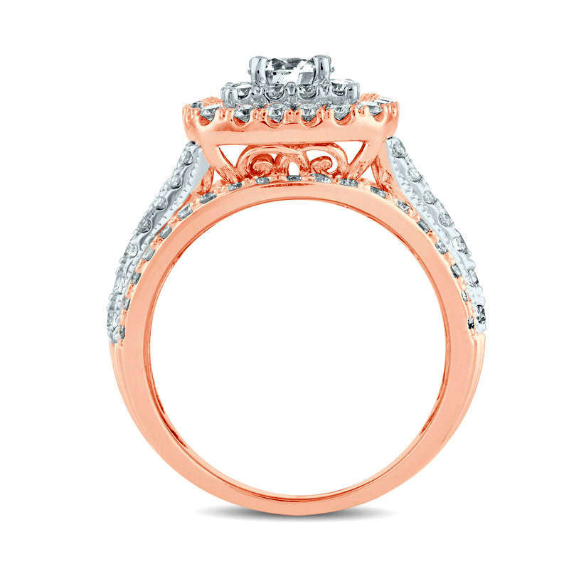 2.0 CT. T.W. Natural Diamond Double Cushion Frame Multi-Row Antique Vintage-Style Engagement Ring in Solid 14K Rose Gold