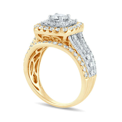 2.0 CT. T.W. Natural Diamond Double Cushion Frame Multi-Row Antique Vintage-Style Engagement Ring in Solid 14K Gold