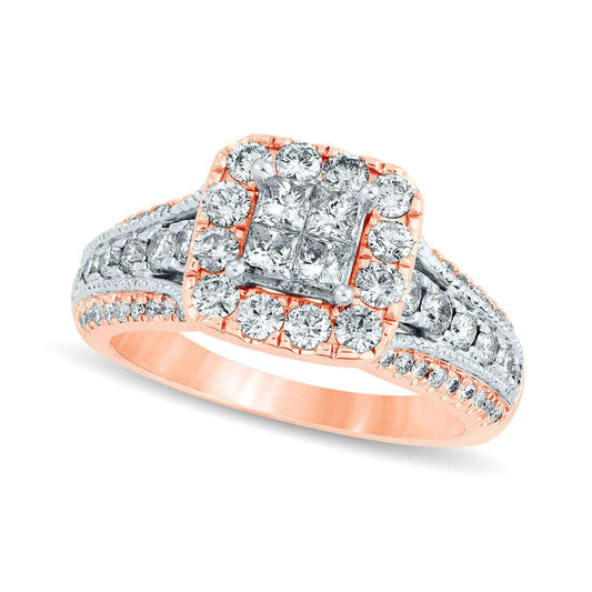 1.33 CT. T.W. Quad Princess-Cut Natural Diamond Frame Antique Vintage-Style Engagement Ring in Solid 14K Rose Gold
