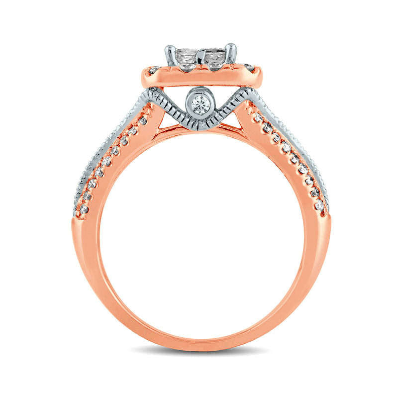 1.33 CT. T.W. Quad Princess-Cut Natural Diamond Frame Antique Vintage-Style Engagement Ring in Solid 14K Rose Gold