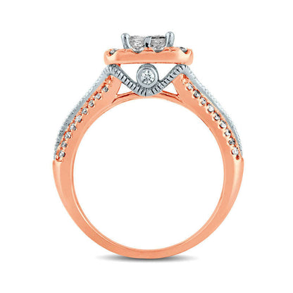 1.33 CT. T.W. Quad Princess-Cut Natural Diamond Frame Antique Vintage-Style Engagement Ring in Solid 14K Rose Gold
