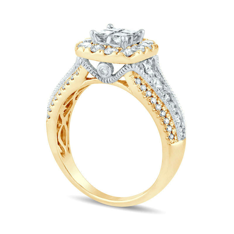 1.33 CT. T.W. Quad Princess-Cut Natural Diamond Frame Antique Vintage-Style Engagement Ring in Solid 14K Gold