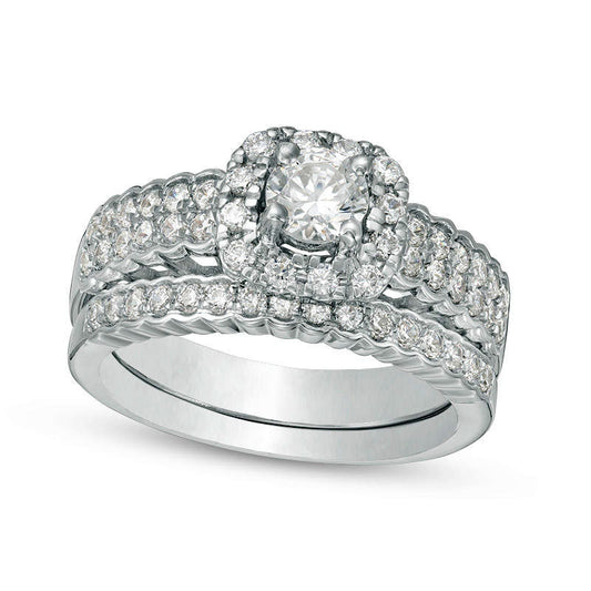 0.88 CT. T.W. Natural Diamond Cushion Frame Bridal Engagement Ring Set in Solid 10K White Gold