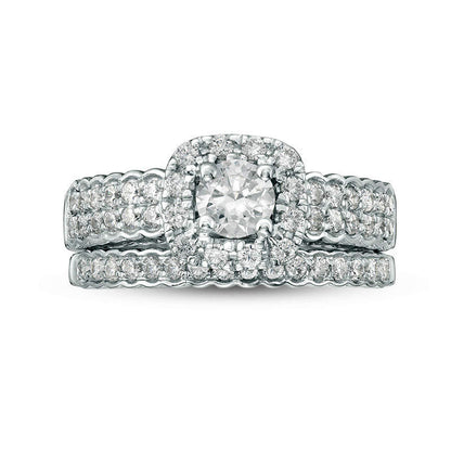 0.88 CT. T.W. Natural Diamond Cushion Frame Bridal Engagement Ring Set in Solid 10K White Gold