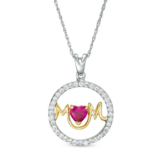5.0mm Heart-Shaped Lab-Created Ruby and White Sapphire Frame "MOM" Circle Pendant in Sterling Silver and 14K Gold Plate