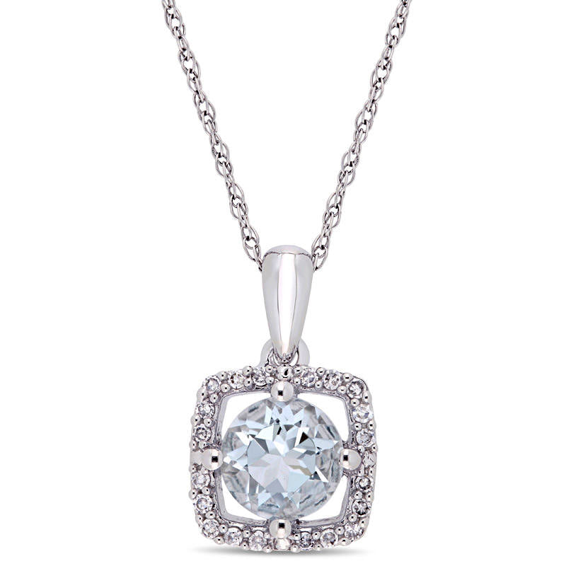 6.0mm Aquamarine and 0.1 CT. T.W. Natural Diamond Cushion Frame Pendant in 10K White Gold - 17"