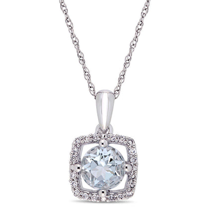 6.0mm Aquamarine and 0.1 CT. T.W. Natural Diamond Cushion Frame Pendant in 10K White Gold - 17"