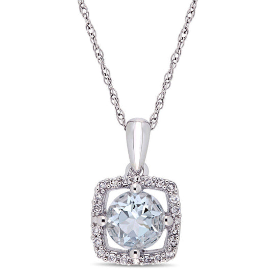 6.0mm Aquamarine and 0.1 CT. T.W. Natural Diamond Cushion Frame Pendant in 10K White Gold - 17"