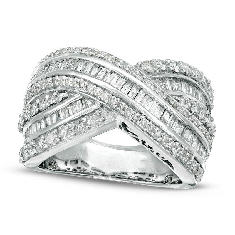 2.0 CT. T.W. Baguette and Round Natural Diamond Multi-Row Crossover Ring in Solid 10K White Gold - Size 7