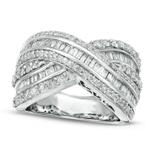 2.0 CT. T.W. Baguette and Round Natural Diamond Multi-Row Crossover Ring in Solid 10K White Gold - Size 7