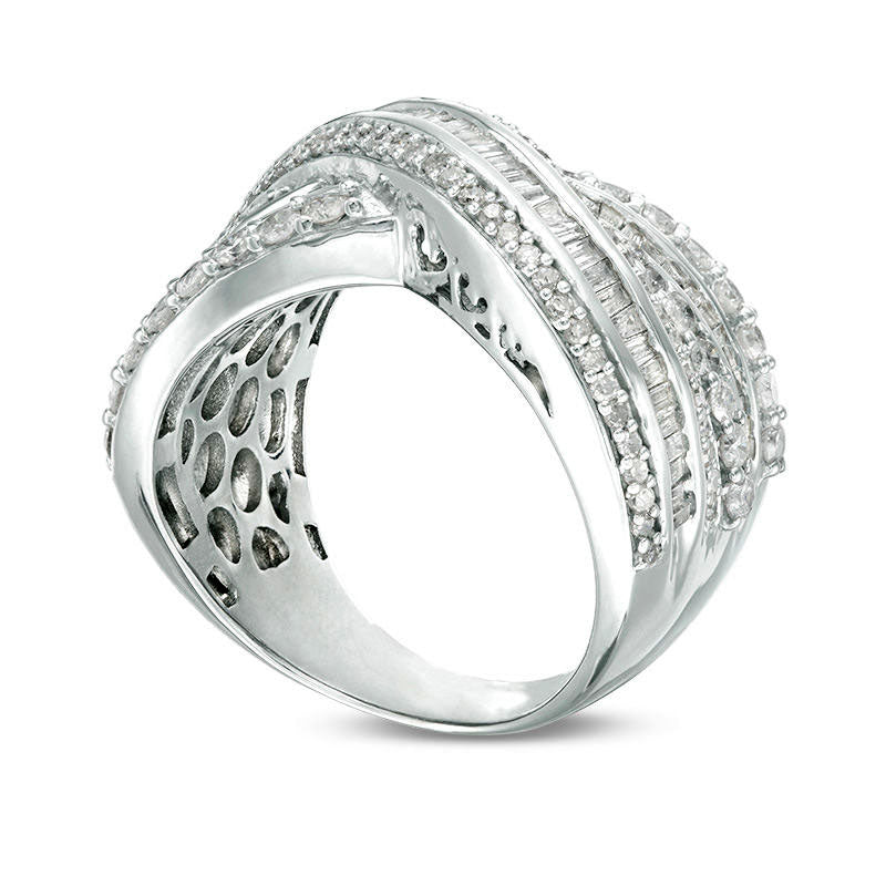2.0 CT. T.W. Baguette and Round Natural Diamond Multi-Row Crossover Ring in Solid 10K White Gold - Size 7