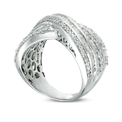 2.0 CT. T.W. Baguette and Round Natural Diamond Multi-Row Crossover Ring in Solid 10K White Gold - Size 7