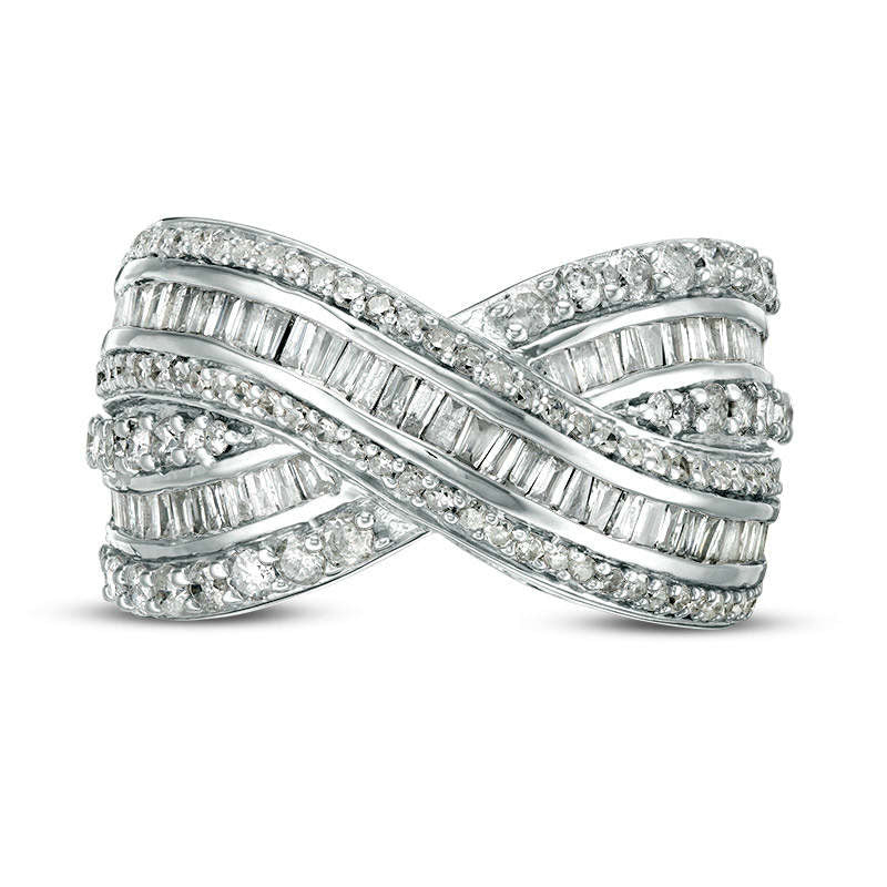 2.0 CT. T.W. Baguette and Round Natural Diamond Multi-Row Crossover Ring in Solid 10K White Gold - Size 7