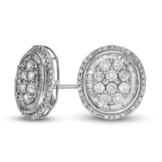 1.5 CT. T.W. Composite Baguette and Round Diamond Oval Frame Stud Earrings in 10K White Gold