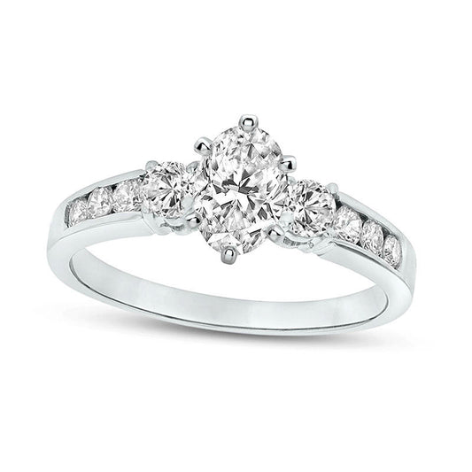 1.0 CT. T.W. Oval Natural Diamond Three Stone Engagement Ring in Solid 14K White Gold (J/SI2)