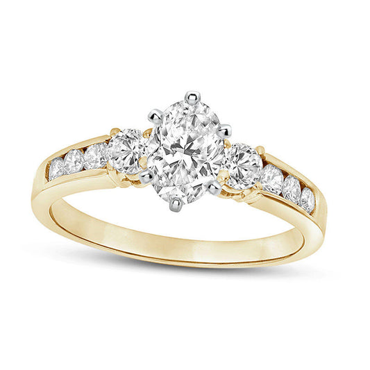 1.0 CT. T.W. Oval Natural Diamond Three Stone Engagement Ring in Solid 14K Gold (J/SI2)
