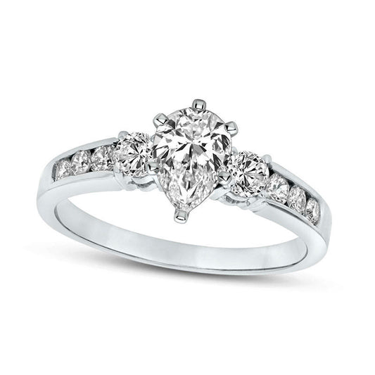 1.0 CT. T.W. Pear-Shaped Natural Diamond Three Stone Engagement Ring in Solid 14K White Gold (J/SI2)